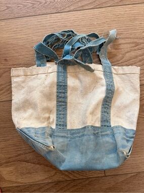 Vintage Very Distressed Canvas Tote Bag Shredded Handles Blue 10x9”